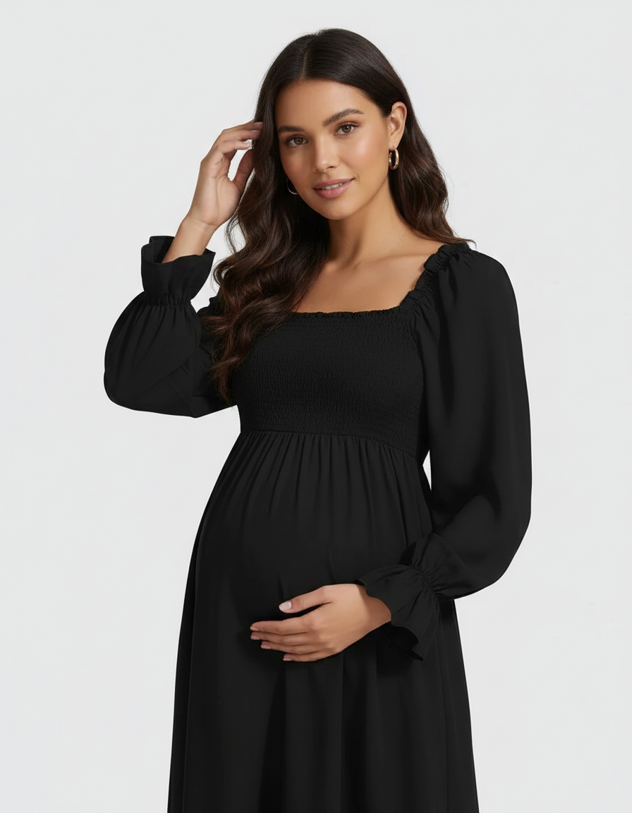 Bump Society – The Comfort Collection: Ruffled Square-Neck Babydoll Maternity Maxi Dress-Bump Society