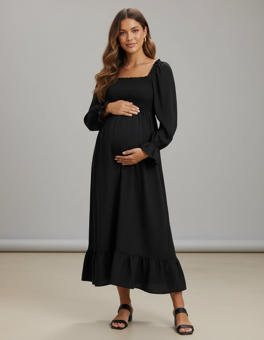 Bump Society – The Comfort Collection: Ruffled Square-Neck Babydoll Maternity Maxi Dress-Bump Society
