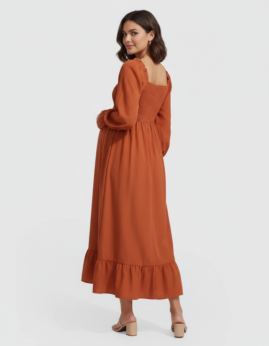 Bump Society – The Comfort Collection: Ruffled Square-Neck Babydoll Maternity Maxi Dress-Bump Society