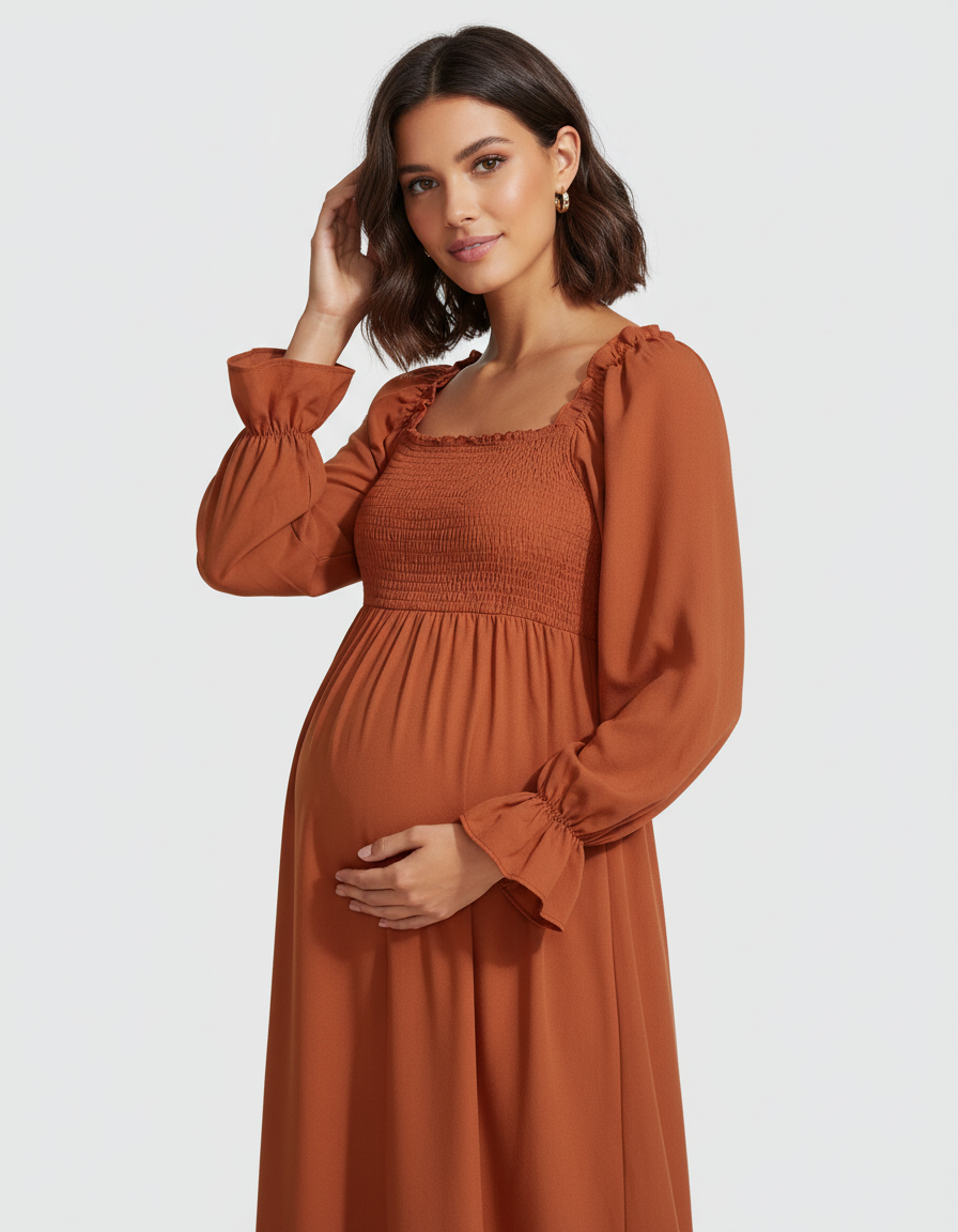 Bump Society – The Comfort Collection: Ruffled Square-Neck Babydoll Maternity Maxi Dress-Bump Society