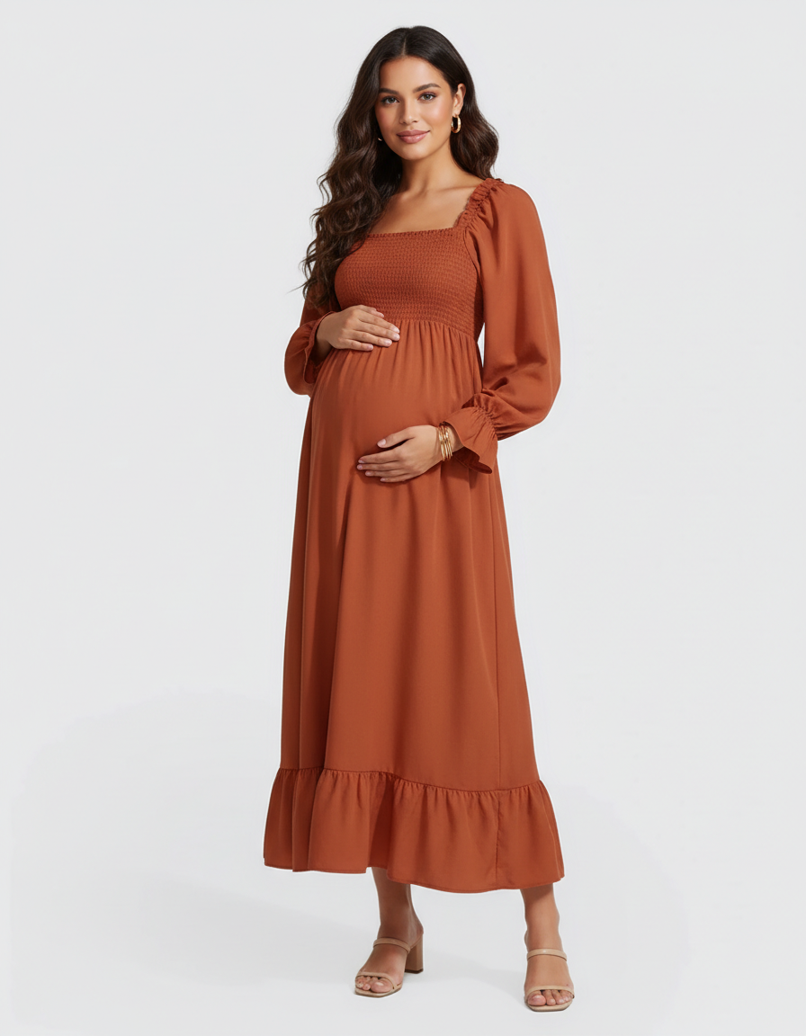 Bump Society – The Comfort Collection: Ruffled Square-Neck Babydoll Maternity Maxi Dress-Bump Society