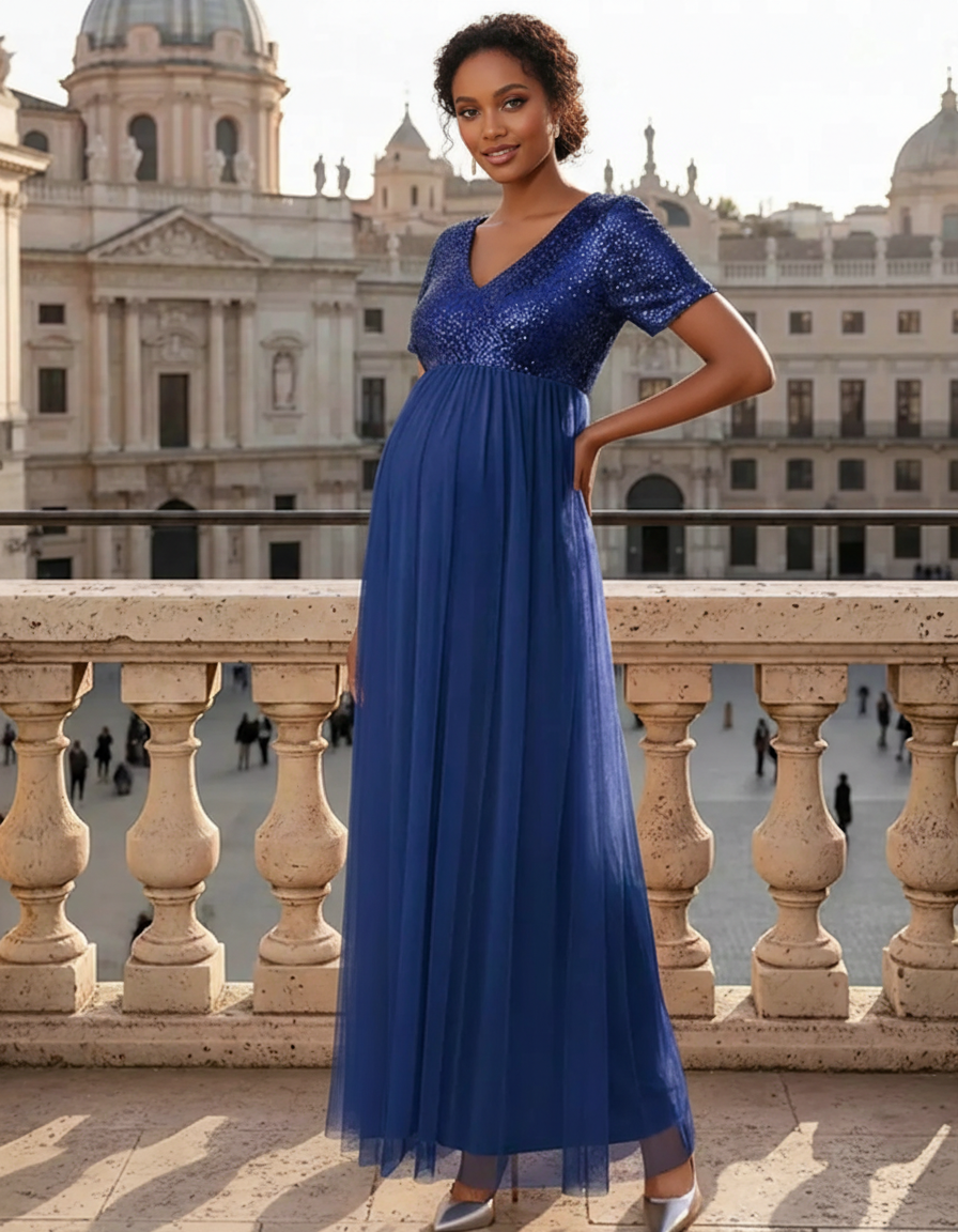Bump Society – The Comfort Collection: Sequin Bodice Glamorous Maternity Maxi Dress-Bump Society
