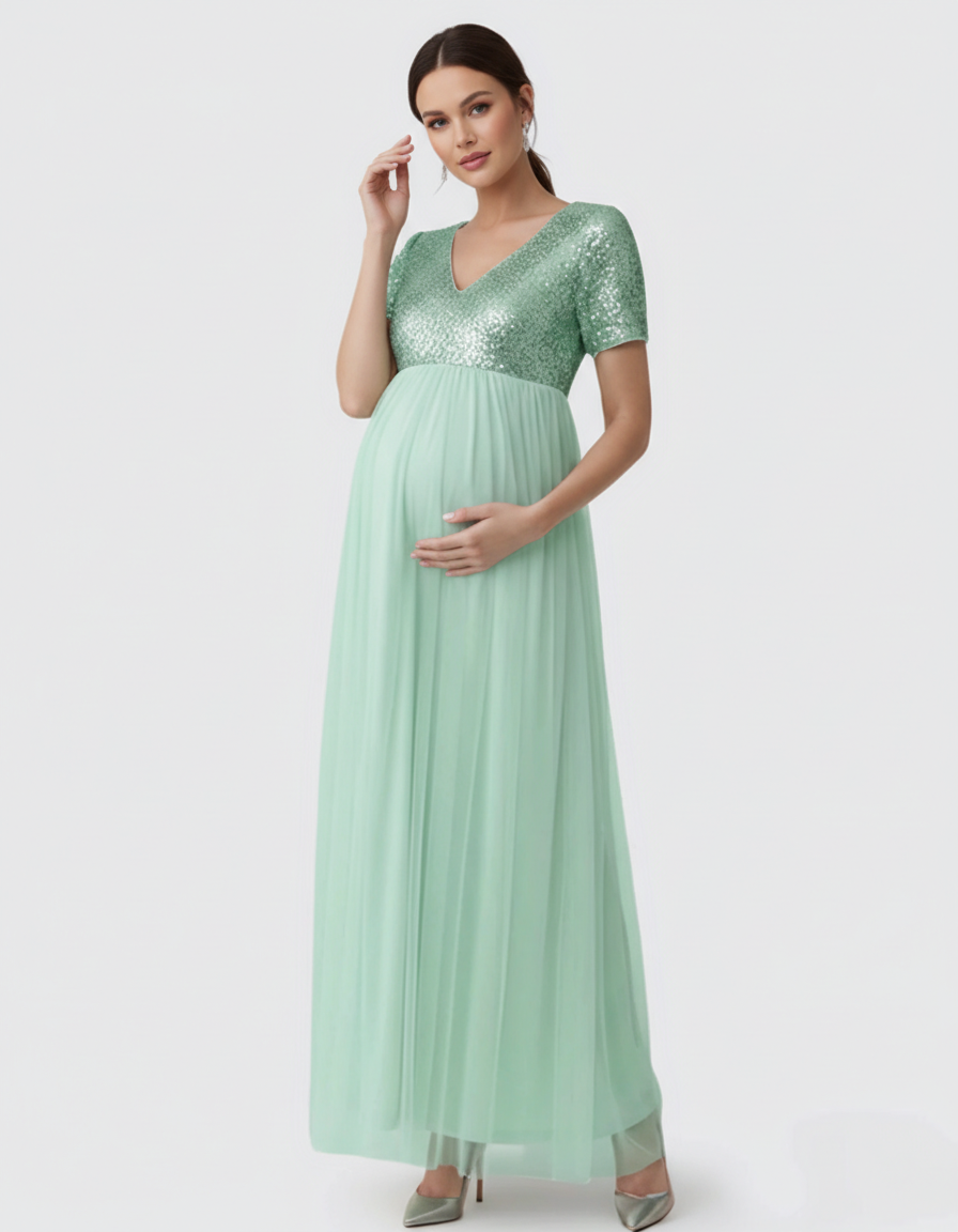 Bump Society – The Comfort Collection: Sequin Bodice Glamorous Maternity Maxi Dress-Bump Society
