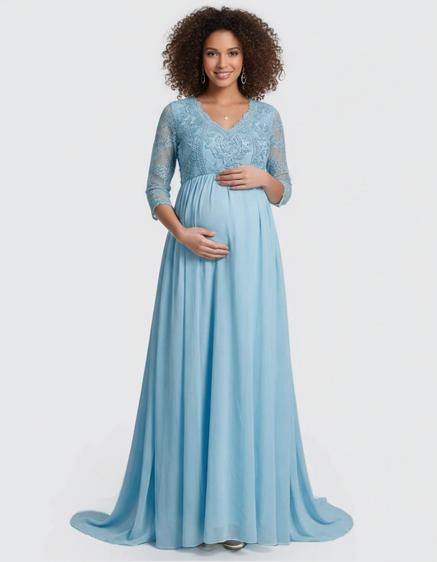 Bump Society – The Comfort Collection: Sheer Lace Bodice Trailing Maternity Photoshoot Dress-Bump Society