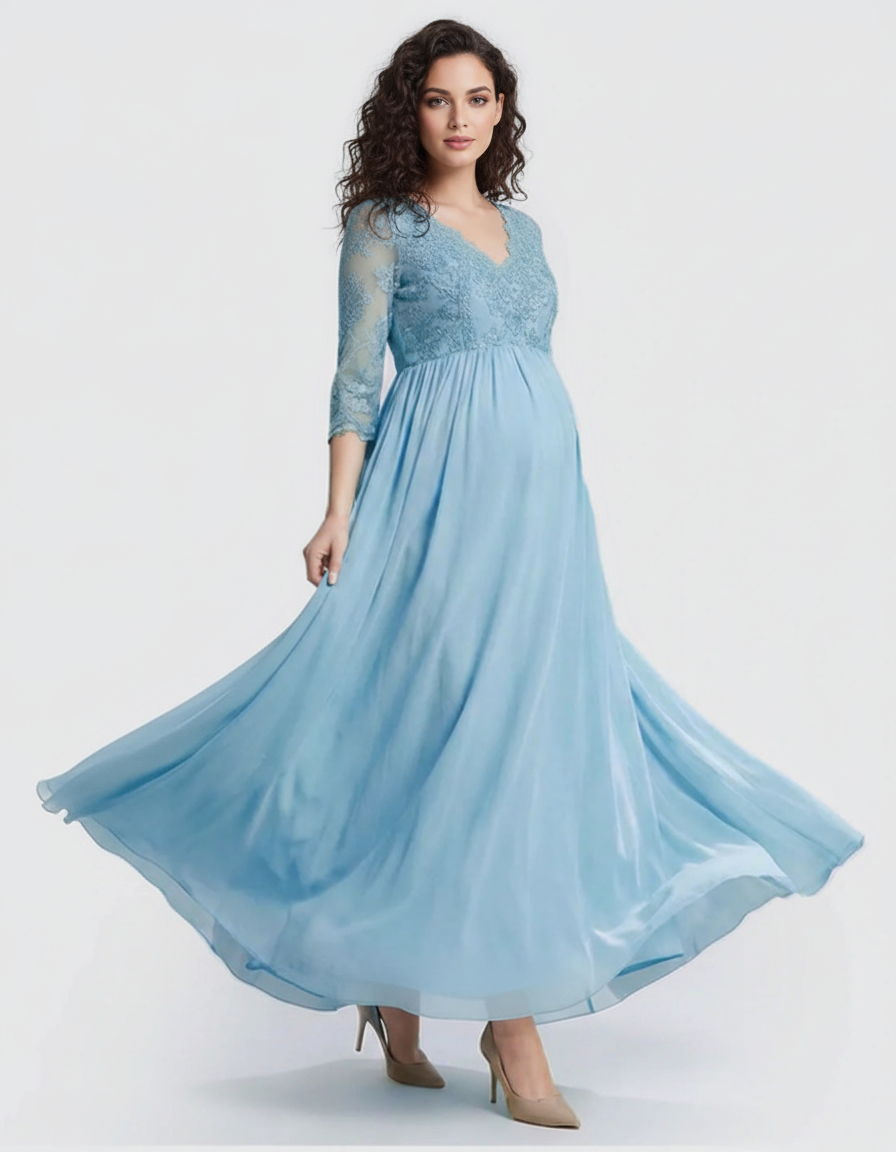 Bump Society – The Comfort Collection: Sheer Lace Bodice Trailing Maternity Photoshoot Dress-Bump Society