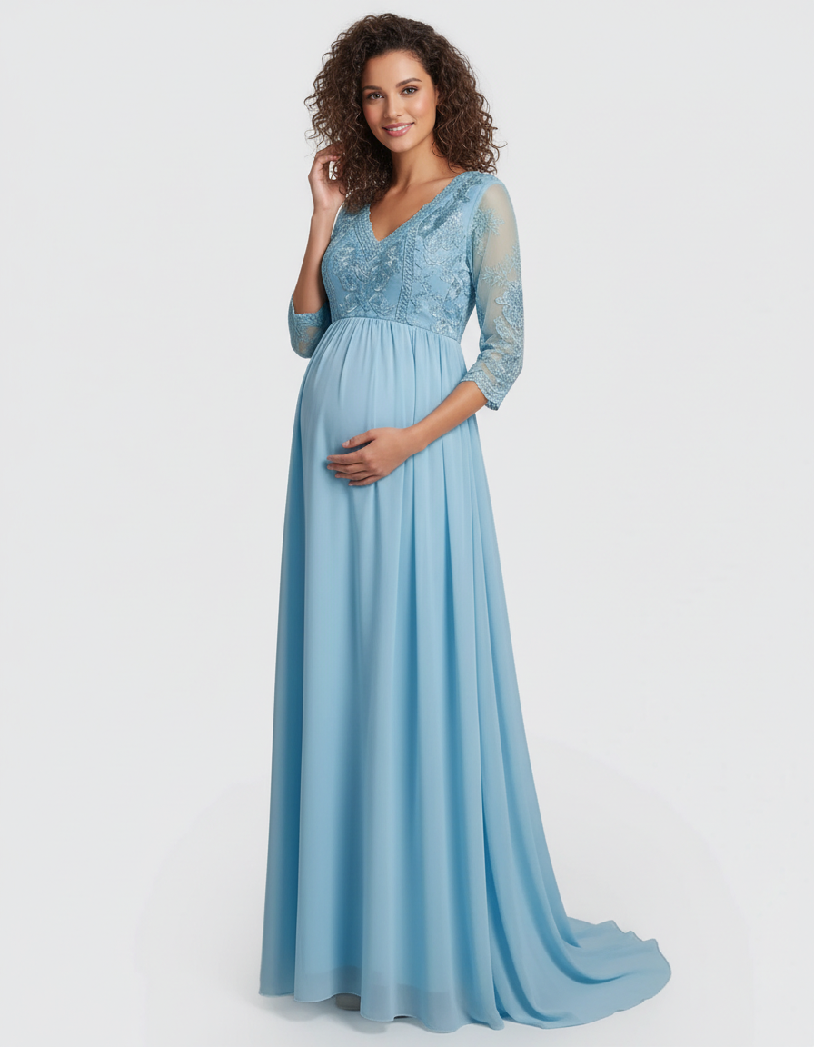 Bump Society – The Comfort Collection: Sheer Lace Bodice Trailing Maternity Photoshoot Dress-Bump Society