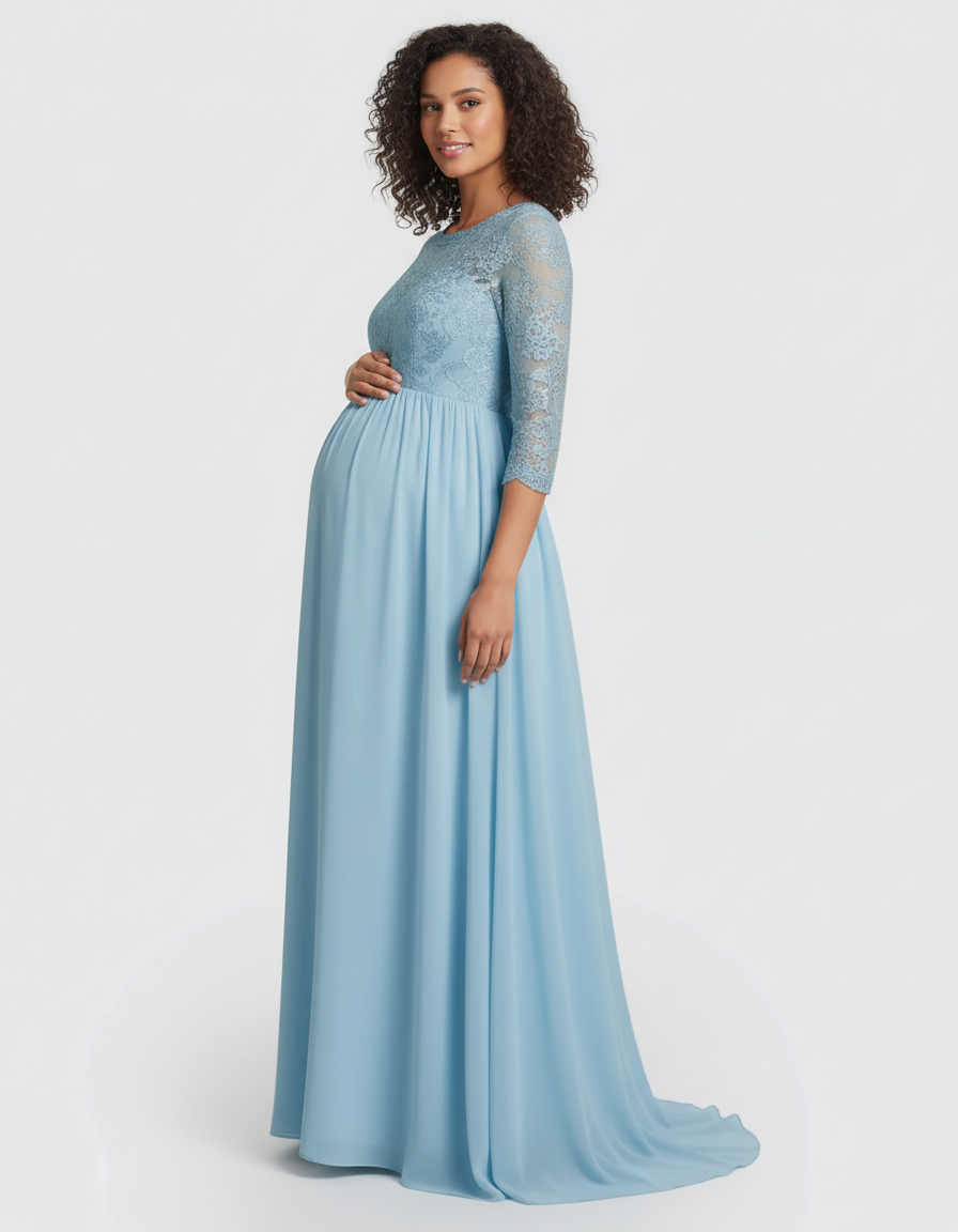 Bump Society – The Comfort Collection: Sheer Lace Bodice Trailing Maternity Photoshoot Dress-Bump Society