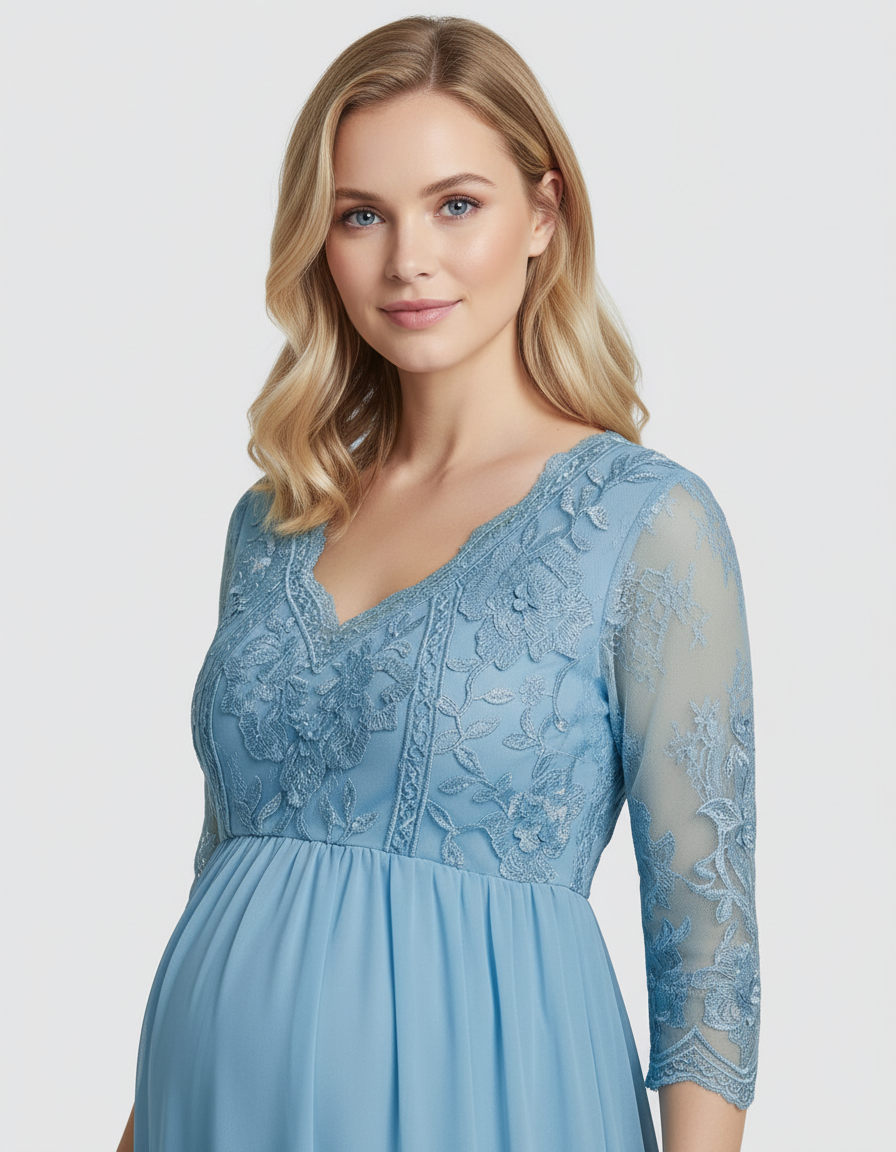 Bump Society – The Comfort Collection: Sheer Lace Bodice Trailing Maternity Photoshoot Dress-Bump Society