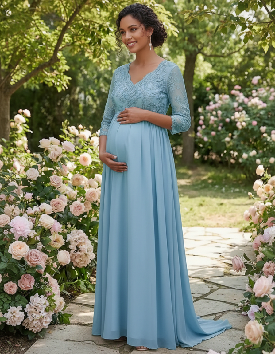 Bump Society – The Comfort Collection: Sheer Lace Bodice Trailing Maternity Photoshoot Dress-Bump Society