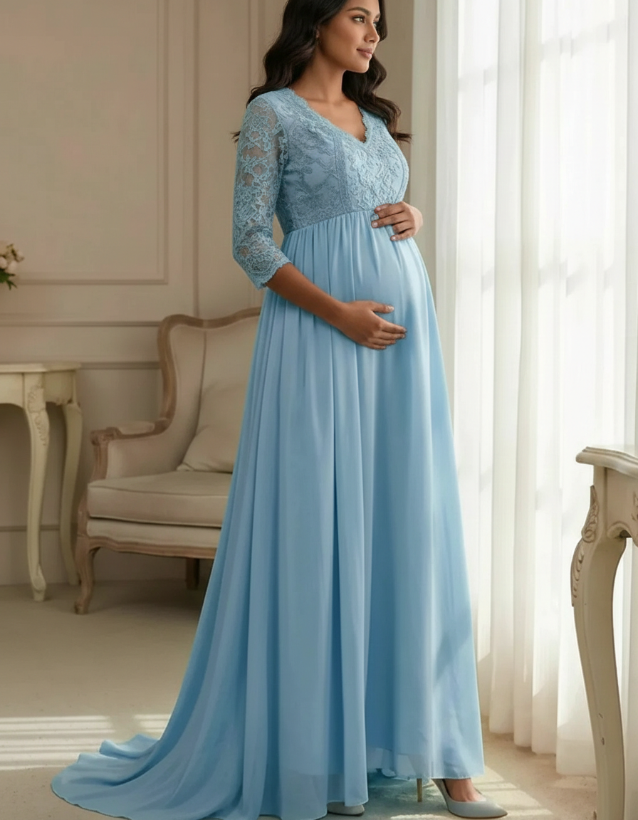 Bump Society – The Comfort Collection: Sheer Lace Bodice Trailing Maternity Photoshoot Dress-Bump Society