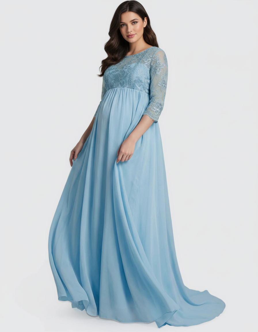 Bump Society – The Comfort Collection: Sheer Lace Bodice Trailing Maternity Photoshoot Dress-Bump Society