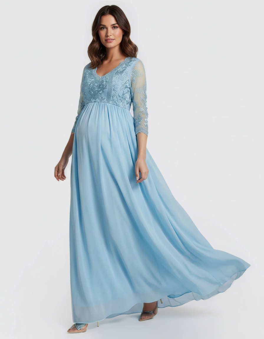 Bump Society – The Comfort Collection: Sheer Lace Bodice Trailing Maternity Photoshoot Dress-Bump Society