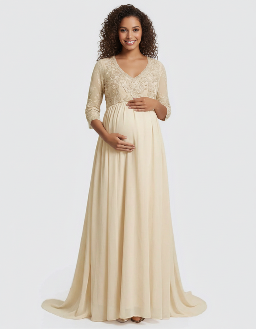 Bump Society – The Comfort Collection: Sheer Lace Bodice Trailing Maternity Photoshoot Dress-Bump Society
