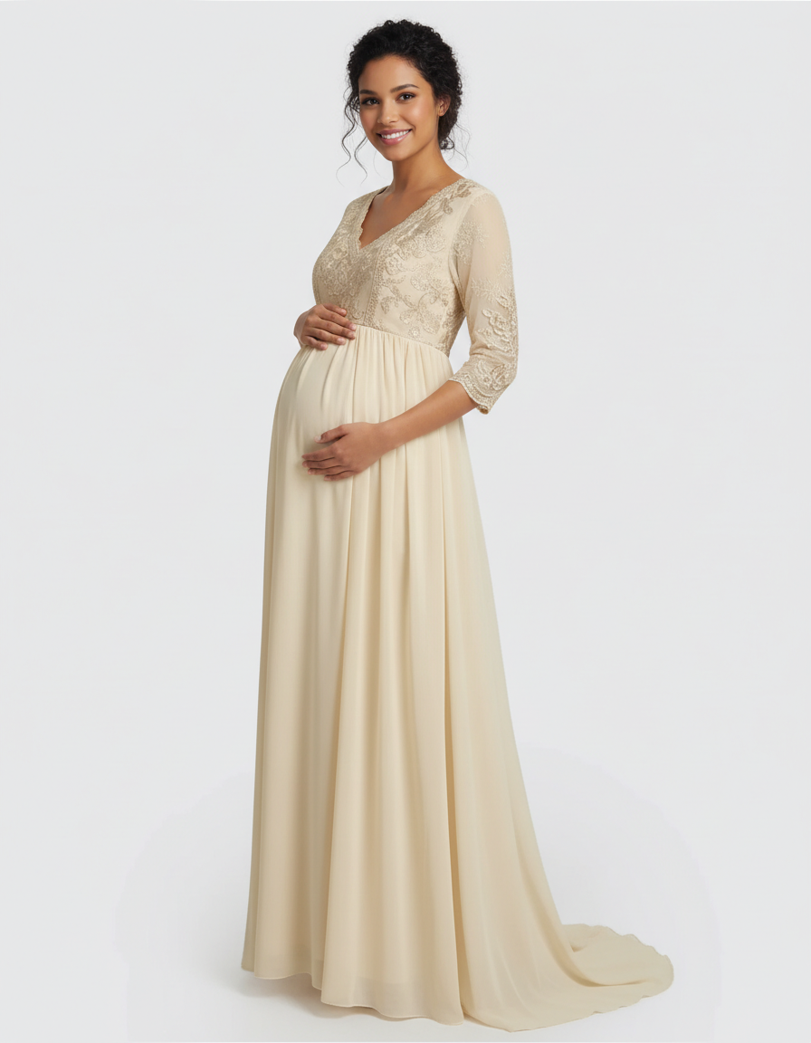 Bump Society – The Comfort Collection: Sheer Lace Bodice Trailing Maternity Photoshoot Dress-Bump Society