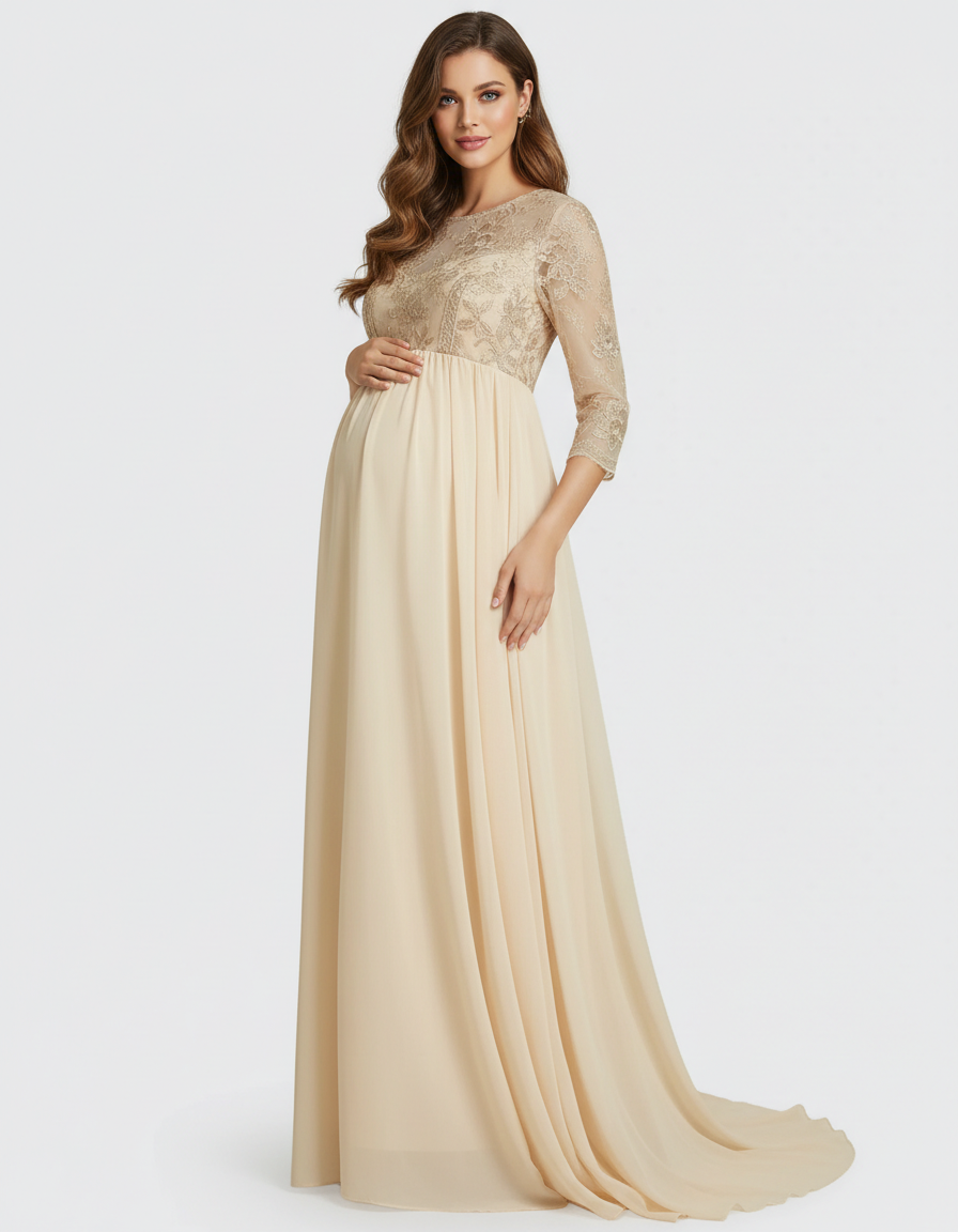 Bump Society – The Comfort Collection: Sheer Lace Bodice Trailing Maternity Photoshoot Dress-Bump Society