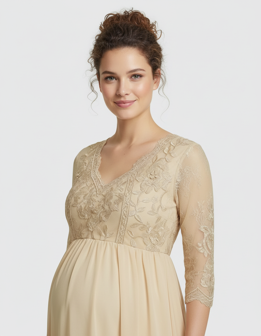 Bump Society – The Comfort Collection: Sheer Lace Bodice Trailing Maternity Photoshoot Dress-Bump Society