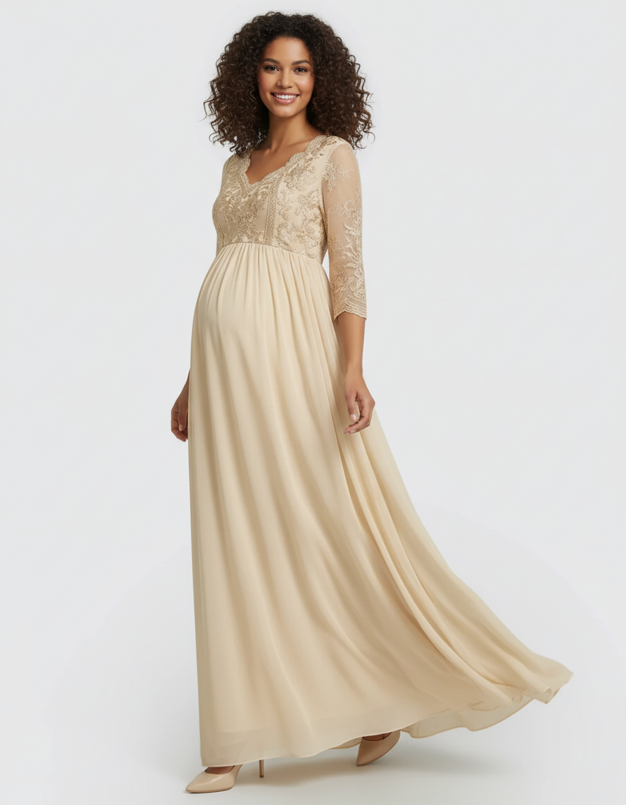 Bump Society – The Comfort Collection: Sheer Lace Bodice Trailing Maternity Photoshoot Dress-Bump Society