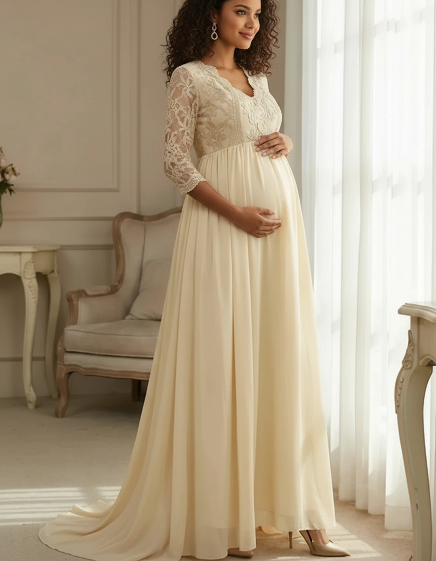 Bump Society – The Comfort Collection: Sheer Lace Bodice Trailing Maternity Photoshoot Dress-Bump Society