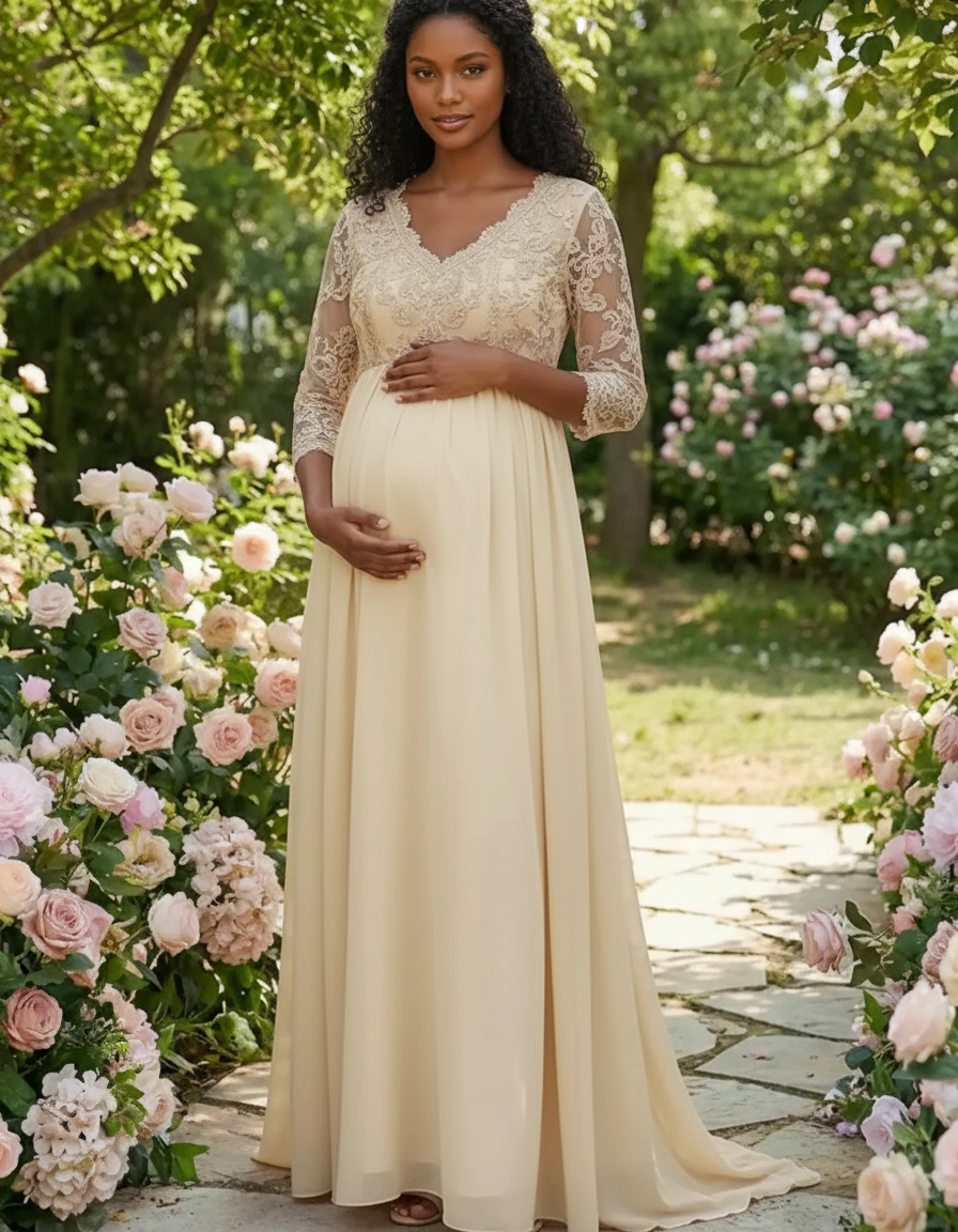 Bump Society – The Comfort Collection: Sheer Lace Bodice Trailing Maternity Photoshoot Dress-Bump Society