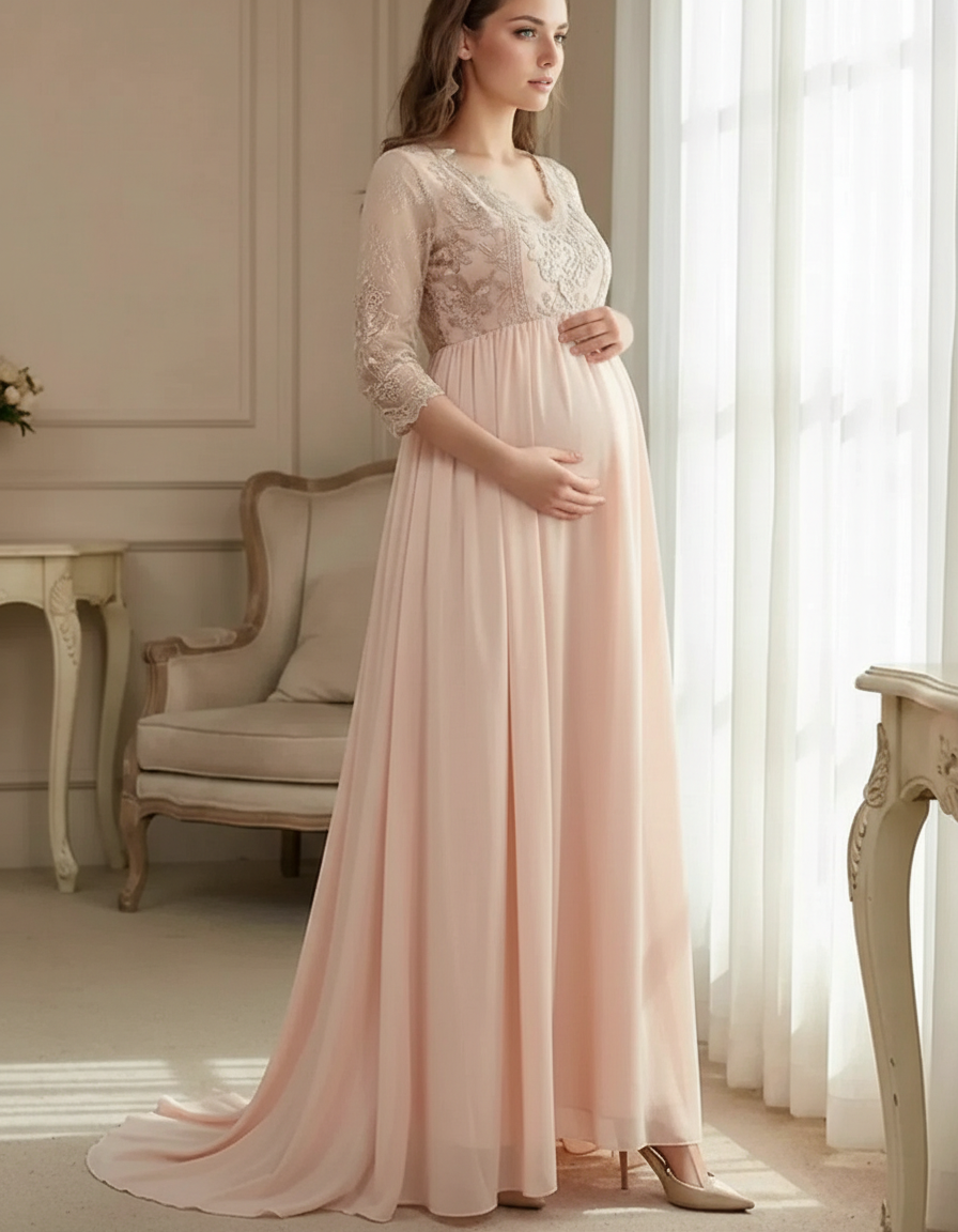 Bump Society – The Comfort Collection: Sheer Lace Bodice Trailing Maternity Photoshoot Dress-Bump Society