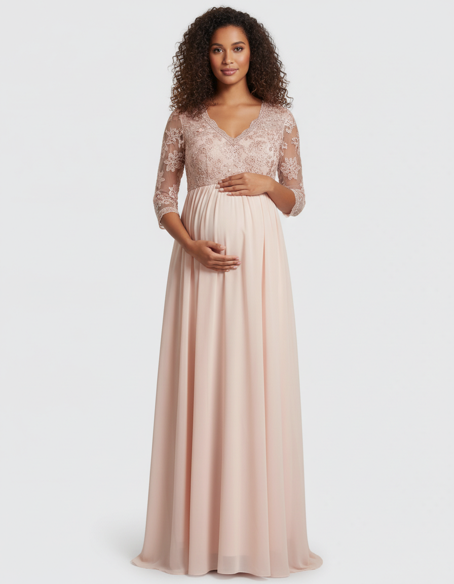 Bump Society – The Comfort Collection: Sheer Lace Bodice Trailing Maternity Photoshoot Dress-Bump Society