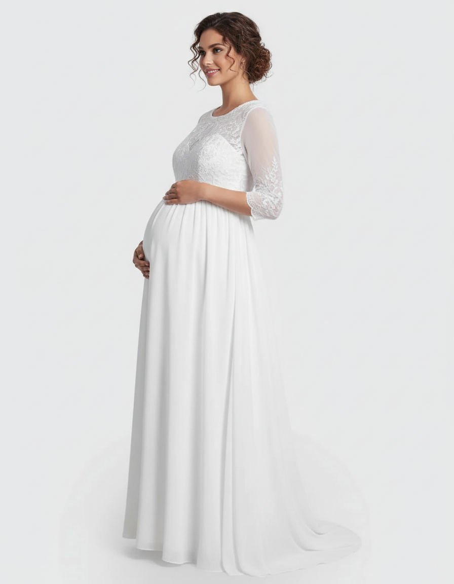 Bump Society – The Comfort Collection: Sheer Lace Bodice Trailing Maternity Photoshoot Dress-Bump Society