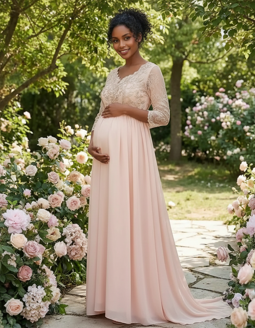 Bump Society – The Comfort Collection: Sheer Lace Bodice Trailing Maternity Photoshoot Dress-Bump Society