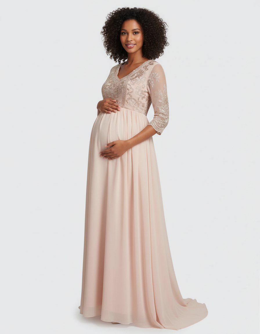 Bump Society – The Comfort Collection: Sheer Lace Bodice Trailing Maternity Photoshoot Dress-Bump Society