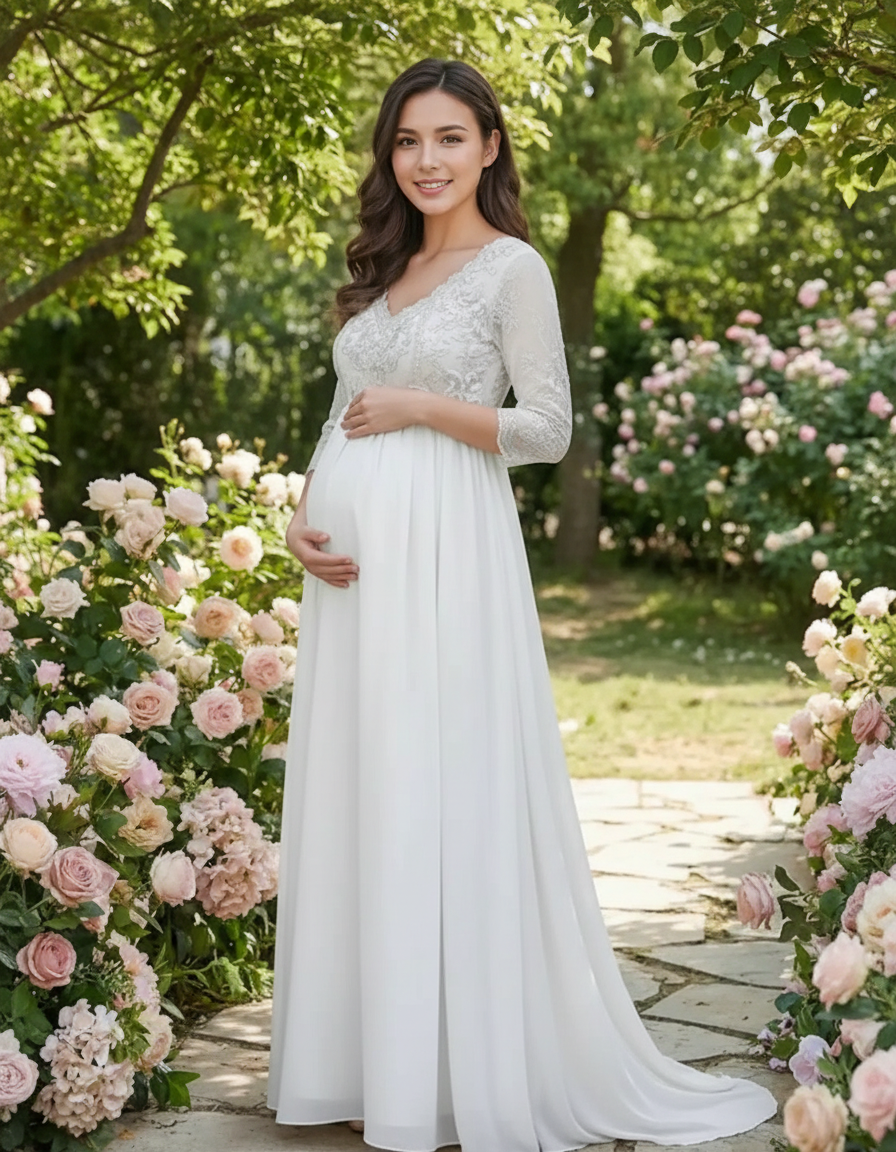 Bump Society – The Comfort Collection: Sheer Lace Bodice Trailing Maternity Photoshoot Dress-Bump Society