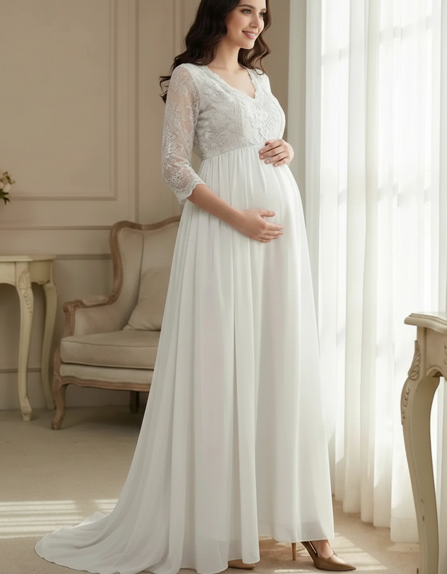 Bump Society – The Comfort Collection: Sheer Lace Bodice Trailing Maternity Photoshoot Dress-Bump Society