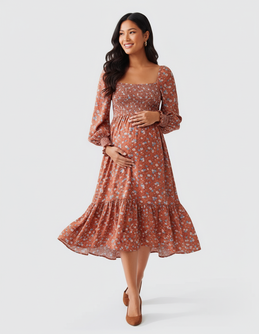 Bump Society – The Comfort Collection: Shirred Bodice Floral Maternity Midi Dress-Bump Society