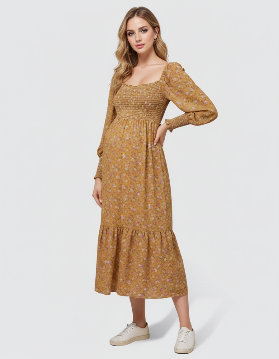 Bump Society – The Comfort Collection: Shirred Bodice Floral Maternity Midi Dress-Bump Society
