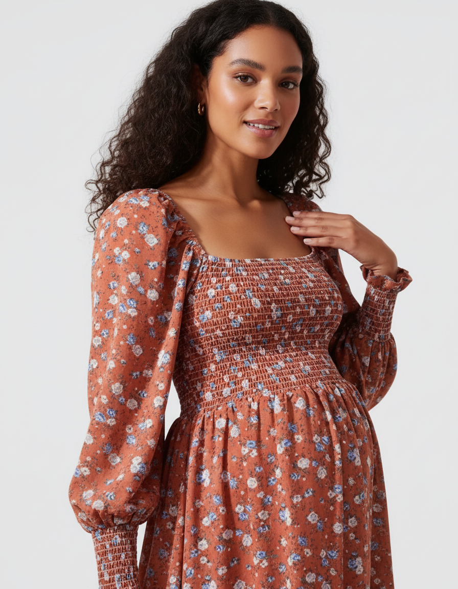 Bump Society – The Comfort Collection: Shirred Bodice Floral Maternity Midi Dress-Bump Society