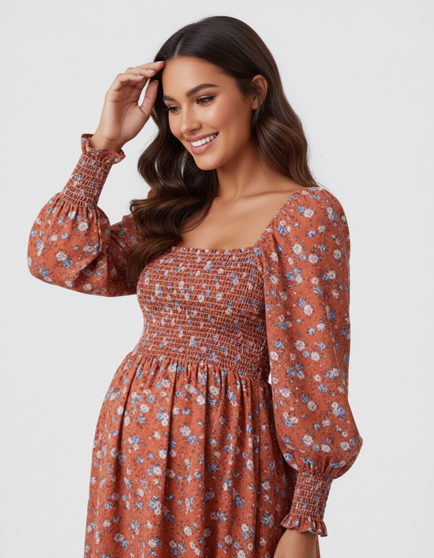 Bump Society – The Comfort Collection: Shirred Bodice Floral Maternity Midi Dress-Bump Society