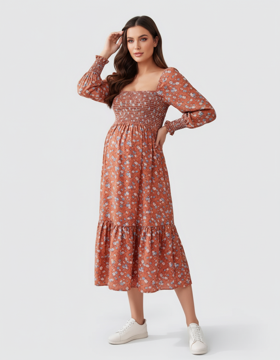 Bump Society – The Comfort Collection: Shirred Bodice Floral Maternity Midi Dress-Bump Society