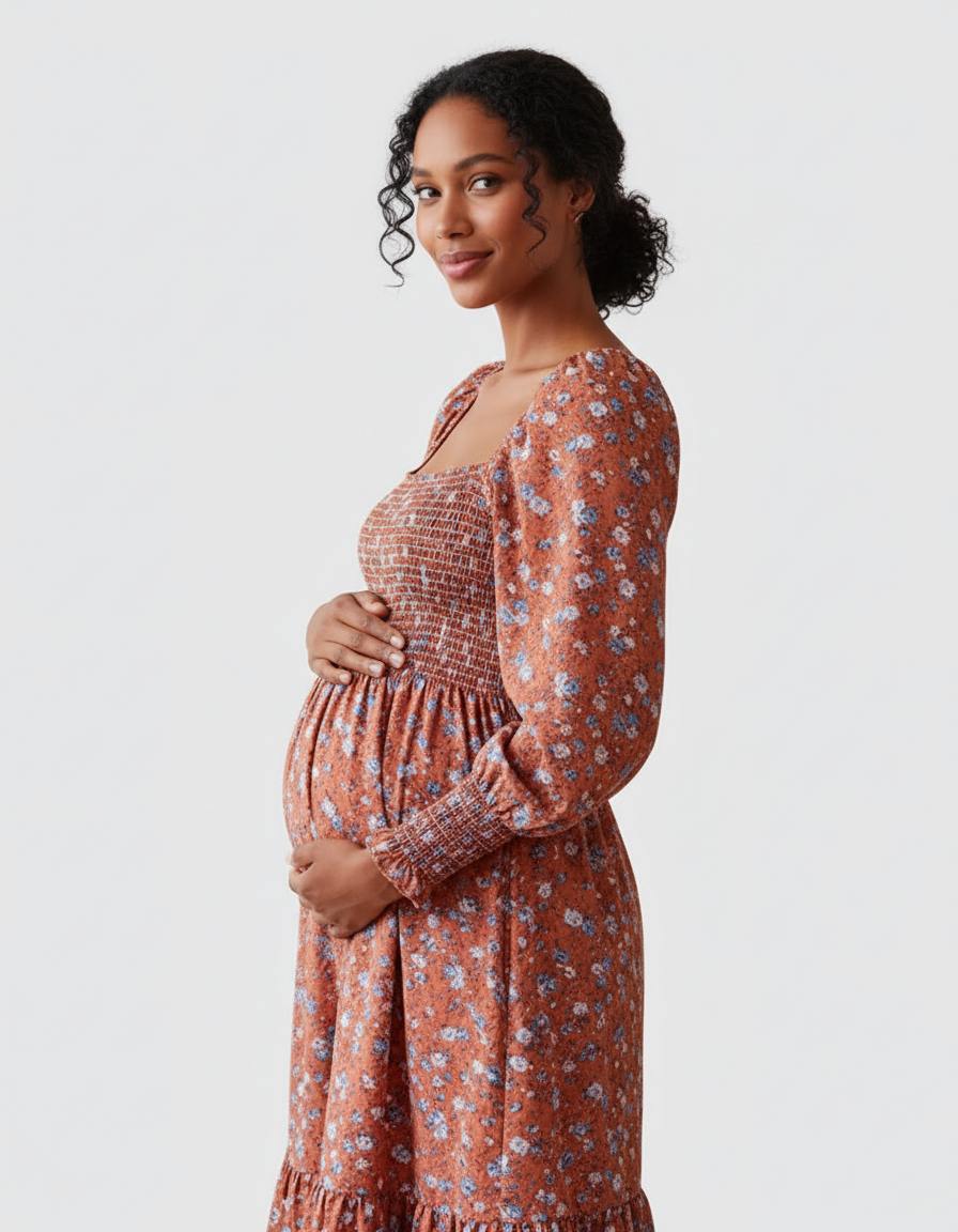 Bump Society – The Comfort Collection: Shirred Bodice Floral Maternity Midi Dress-Bump Society