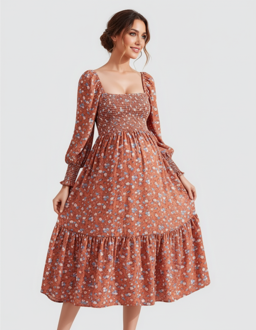 Bump Society – The Comfort Collection: Shirred Bodice Floral Maternity Midi Dress-Bump Society