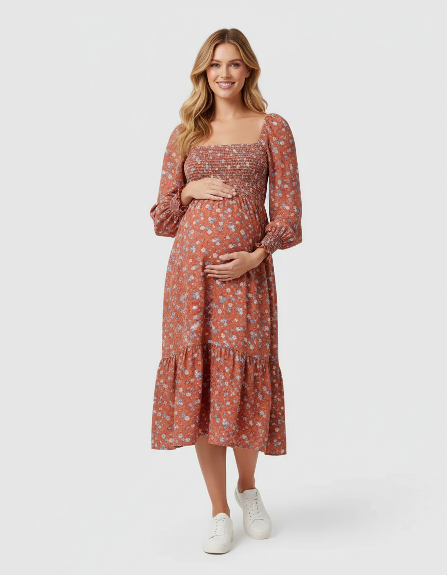 Bump Society – The Comfort Collection: Shirred Bodice Floral Maternity Midi Dress-Bump Society