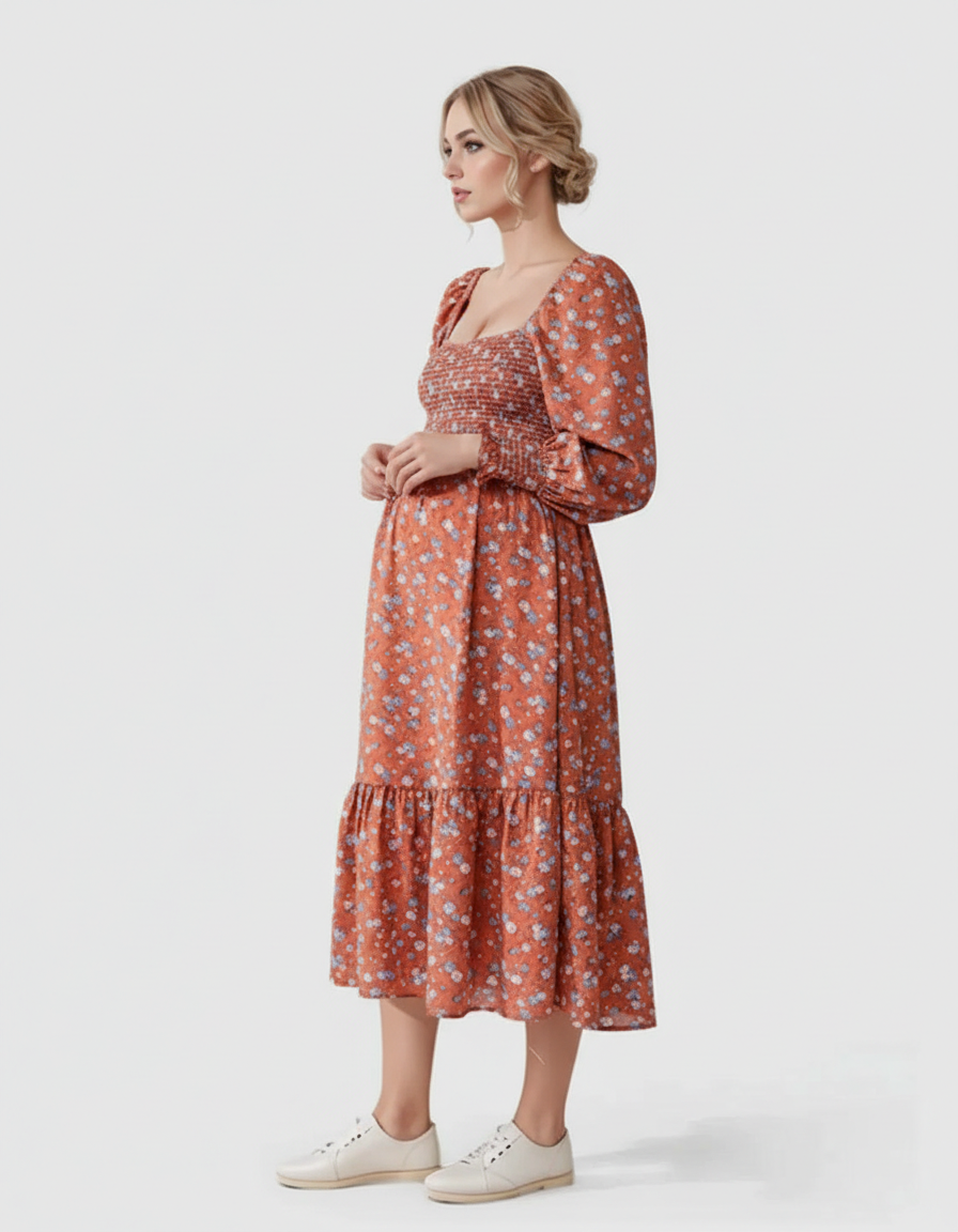 Bump Society – The Comfort Collection: Shirred Bodice Floral Maternity Midi Dress-Bump Society