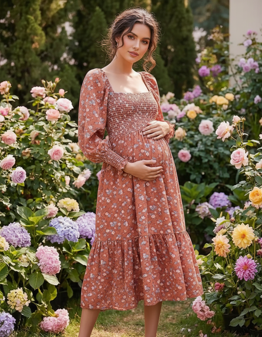 Bump Society – The Comfort Collection: Shirred Bodice Floral Maternity Midi Dress-Bump Society