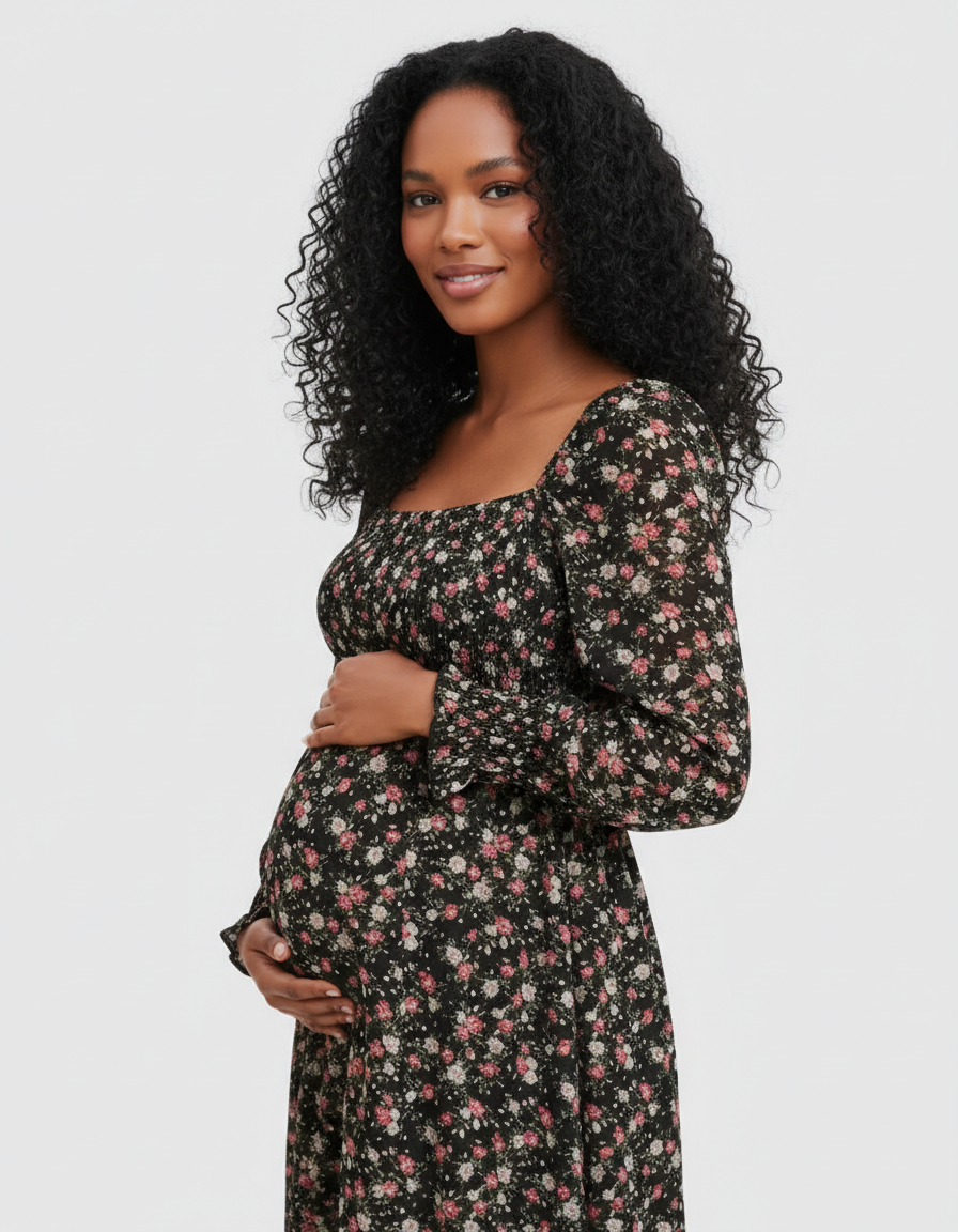 Bump Society – The Comfort Collection: Shirred Bodice Floral Maternity Midi Dress-Bump Society
