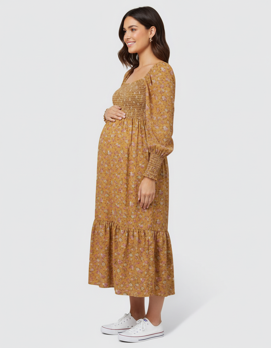 Bump Society – The Comfort Collection: Shirred Bodice Floral Maternity Midi Dress-Bump Society