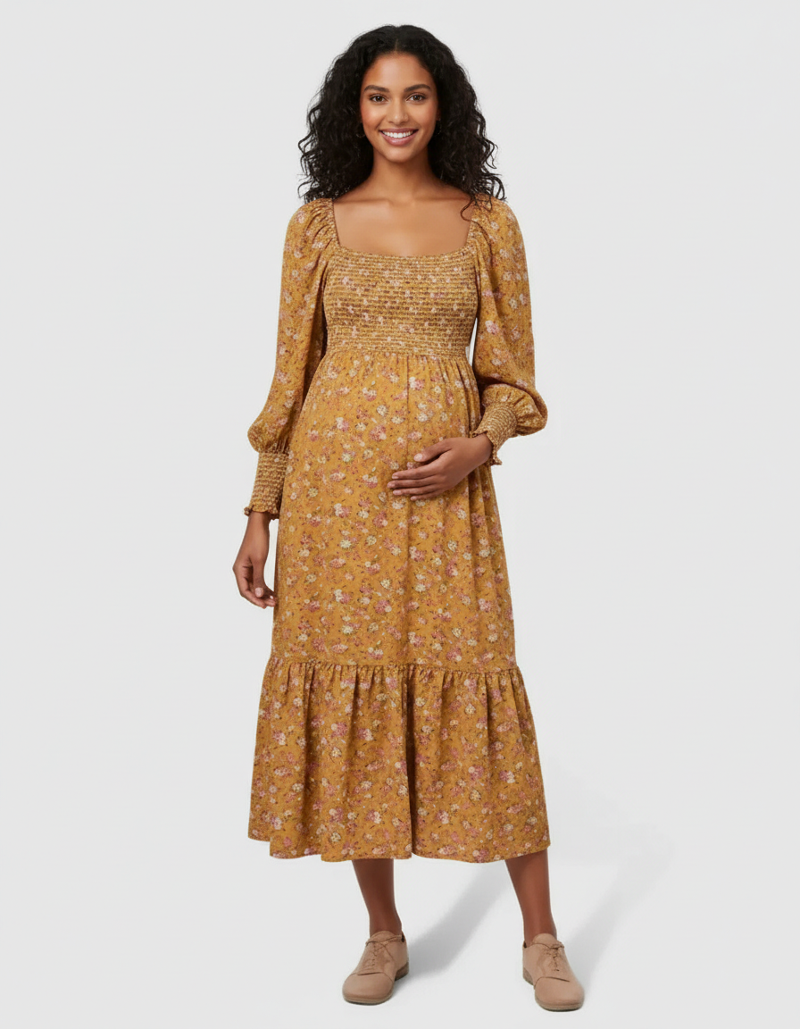 Bump Society – The Comfort Collection: Shirred Bodice Floral Maternity Midi Dress-Bump Society