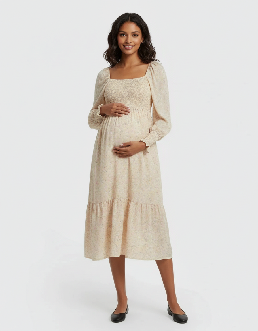 Bump Society – The Comfort Collection: Shirred Bodice Floral Maternity Midi Dress-Bump Society