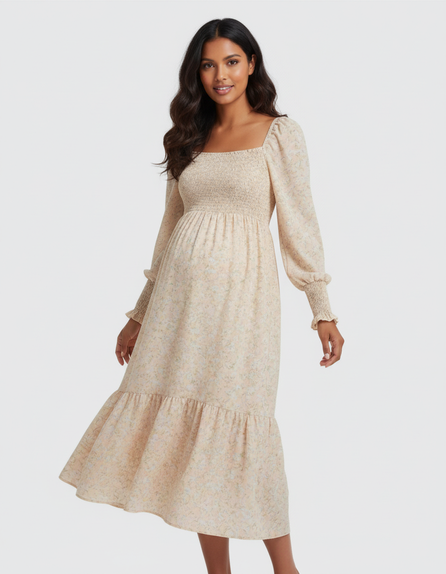 Bump Society – The Comfort Collection: Shirred Bodice Floral Maternity Midi Dress-Bump Society