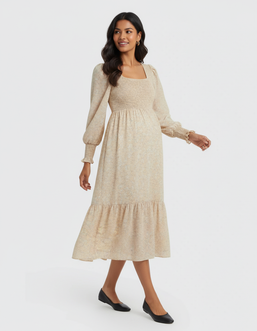 Bump Society – The Comfort Collection: Shirred Bodice Floral Maternity Midi Dress-Bump Society