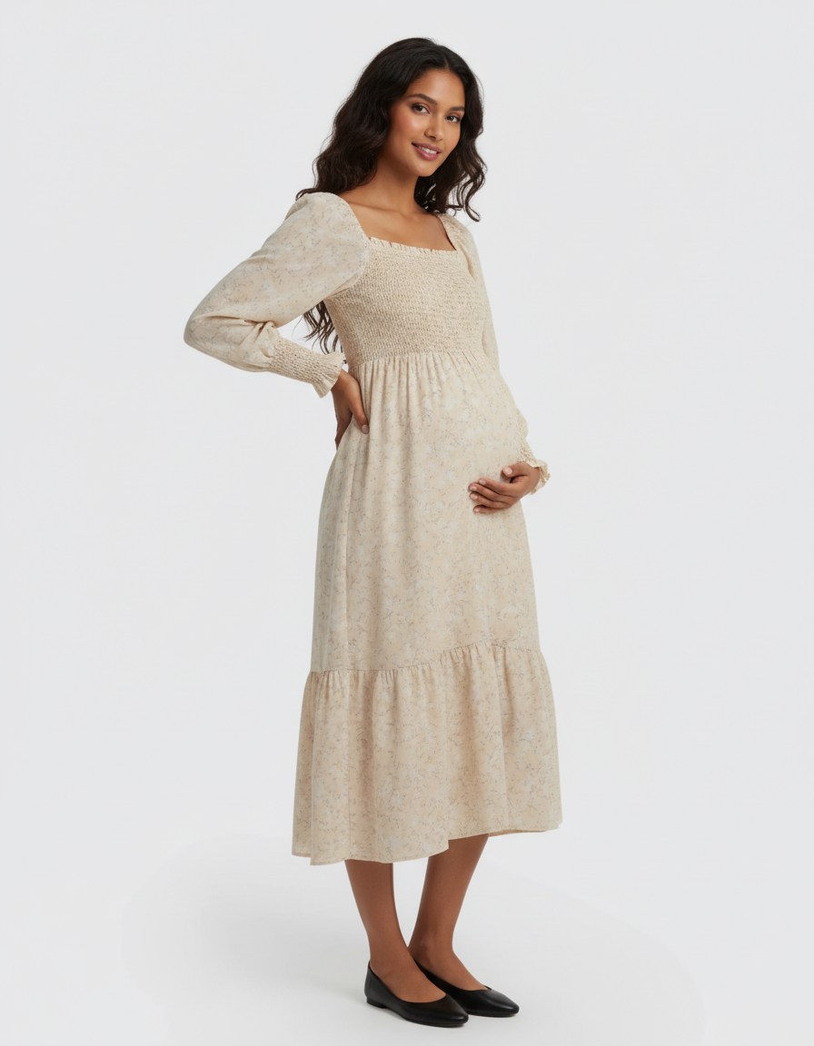 Bump Society – The Comfort Collection: Shirred Bodice Floral Maternity Midi Dress-Bump Society