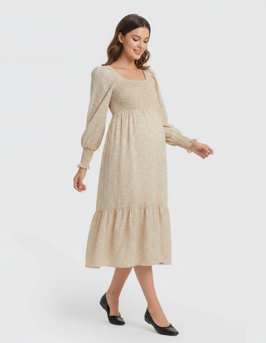 Bump Society – The Comfort Collection: Shirred Bodice Floral Maternity Midi Dress-Bump Society