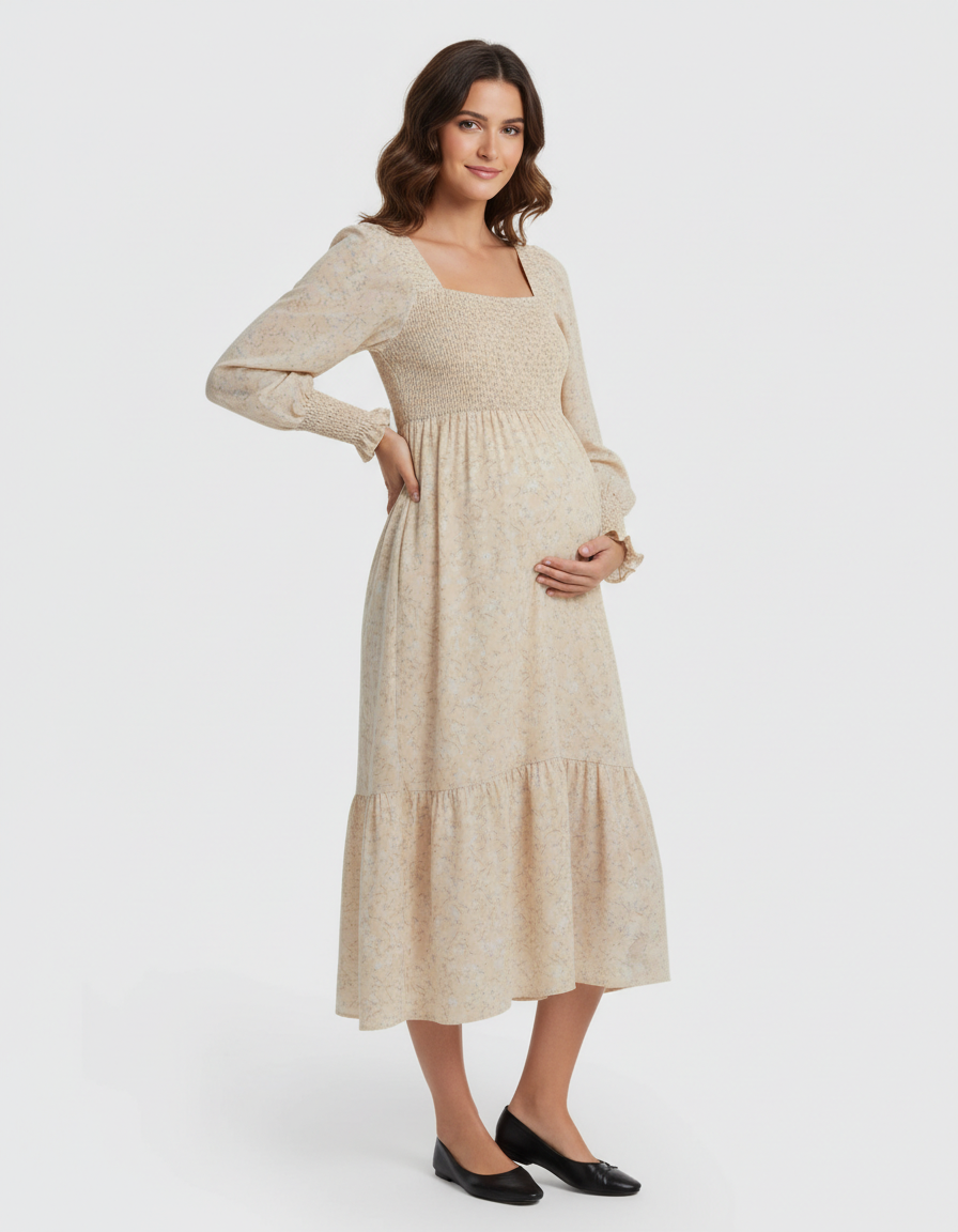 Bump Society – The Comfort Collection: Shirred Bodice Floral Maternity Midi Dress-Bump Society