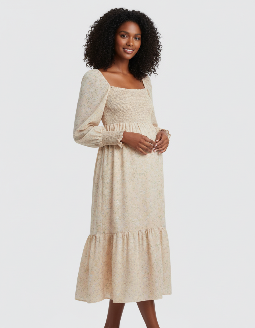 Bump Society – The Comfort Collection: Shirred Bodice Floral Maternity Midi Dress-Bump Society